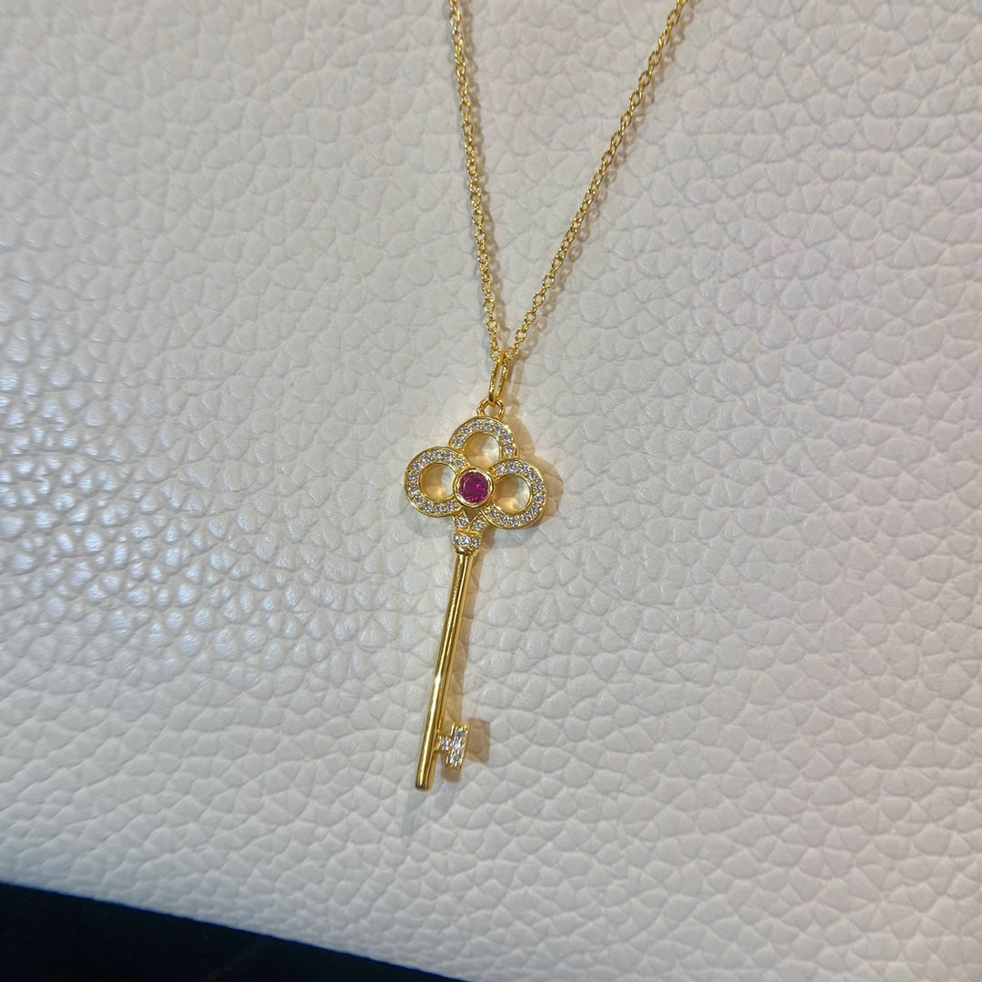 Tiffany Floret Key Pendant Necklace Pink Cubic Zirconia
