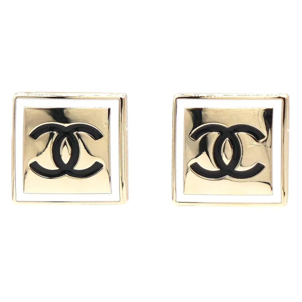 Chanel Light Gold and White Enamel Square Earrings