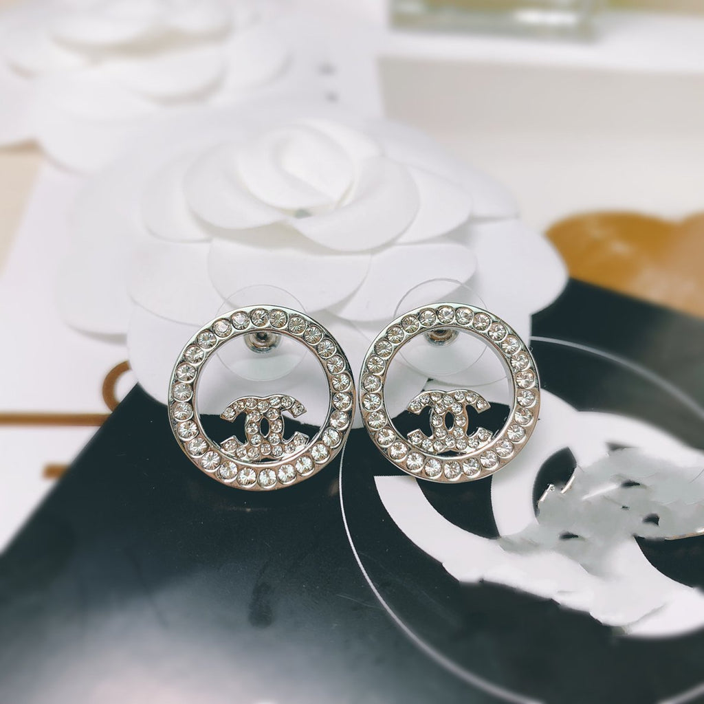 Chanel Double C Silver Diamond Stud Earrings