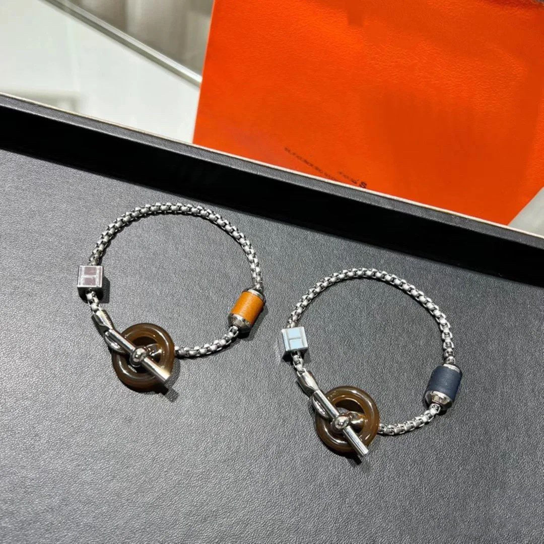 Hermes HM Black Circle Silver Bracelet