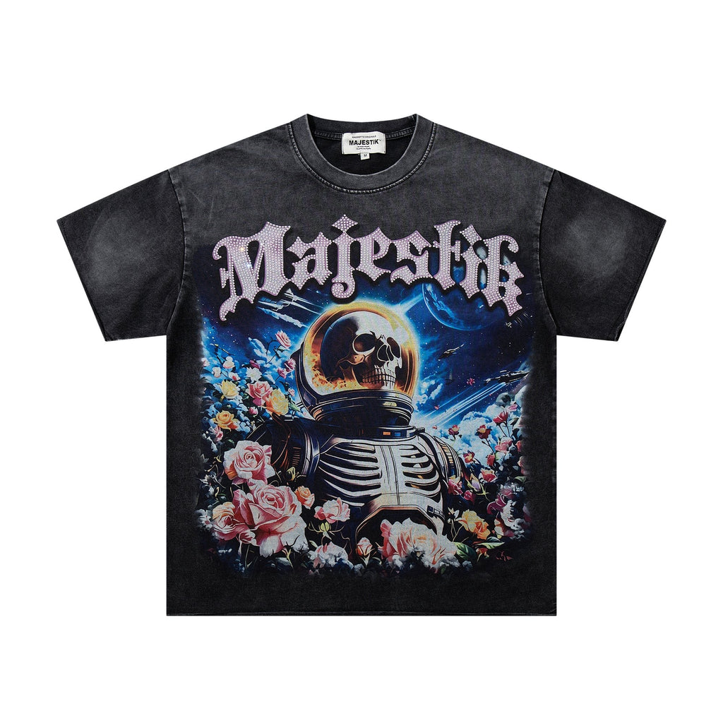 MAJESTIK Washed Black Astronaut Rose Graphic T-Shirt — hero