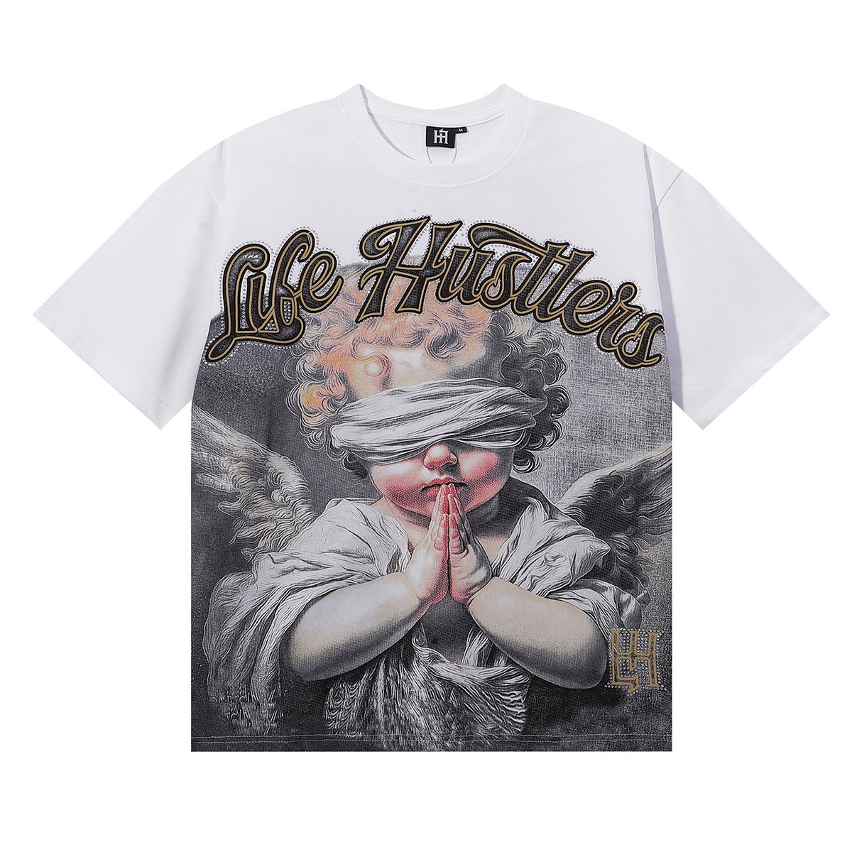 Life Hustlere Praying Angel Rhinestone Graphic T-Shirt — front