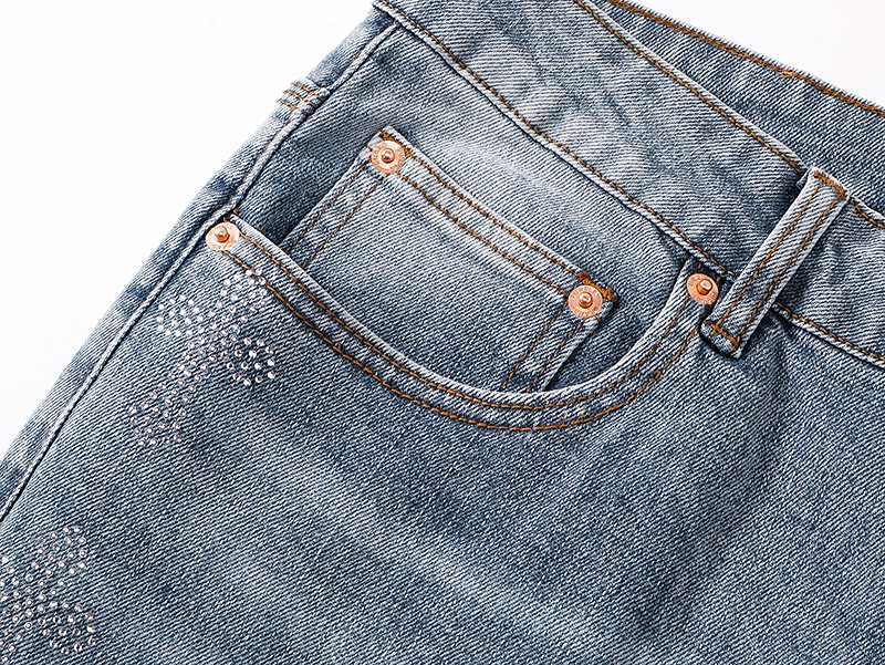 Purple Brand Light Blue Rhinestone Flared Jeans — detail