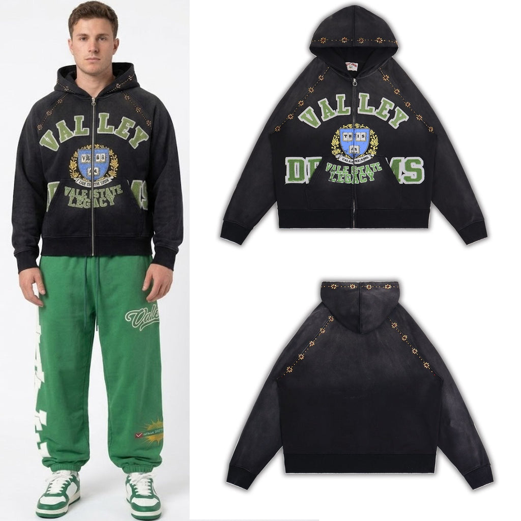 Valley Dreams Varsity Crest Washed Black Zip Hoodie — context
